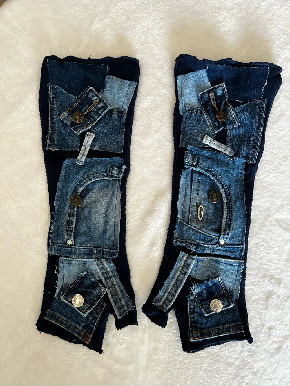 Denim Patchwork Fingerless Gloves- Blue OS